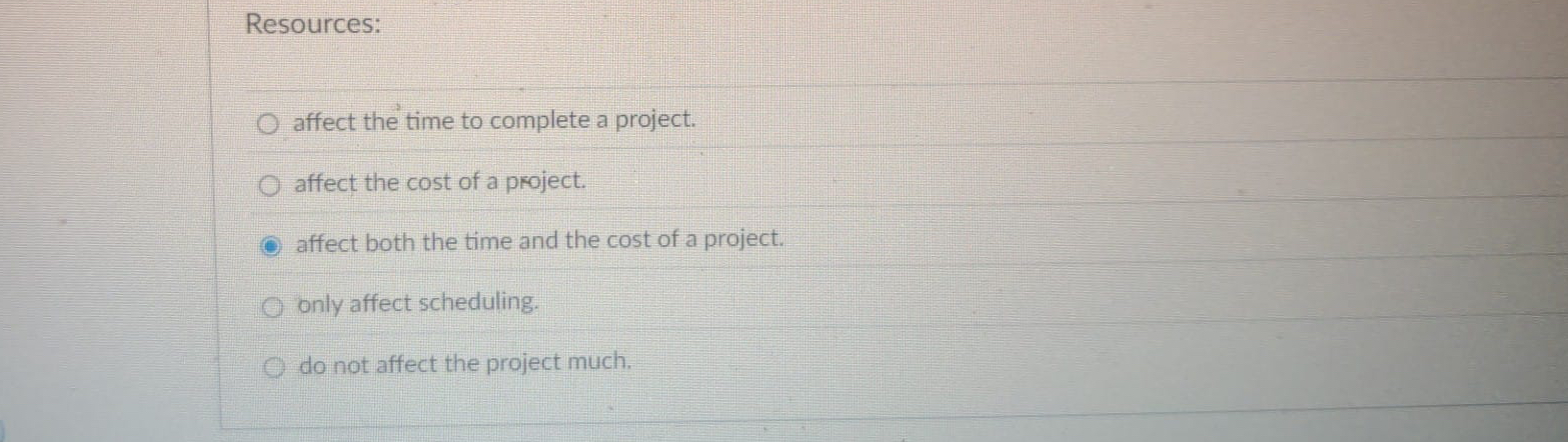  Resources: affect the time to complete a project. affect the cost
