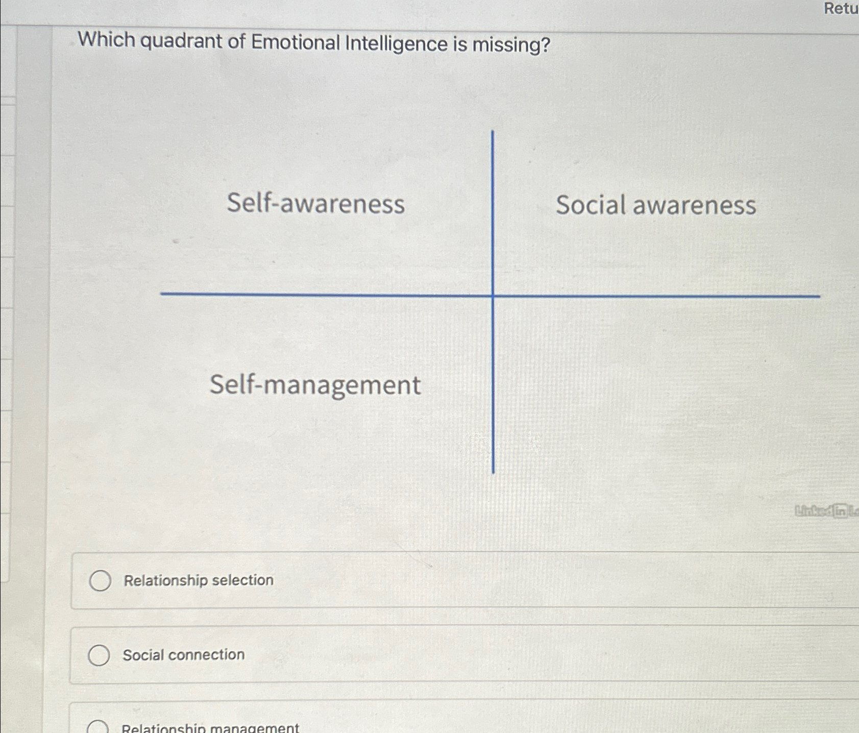  Retu Which quadrant of Emotional Intelligence is missing? Relationship selection Social