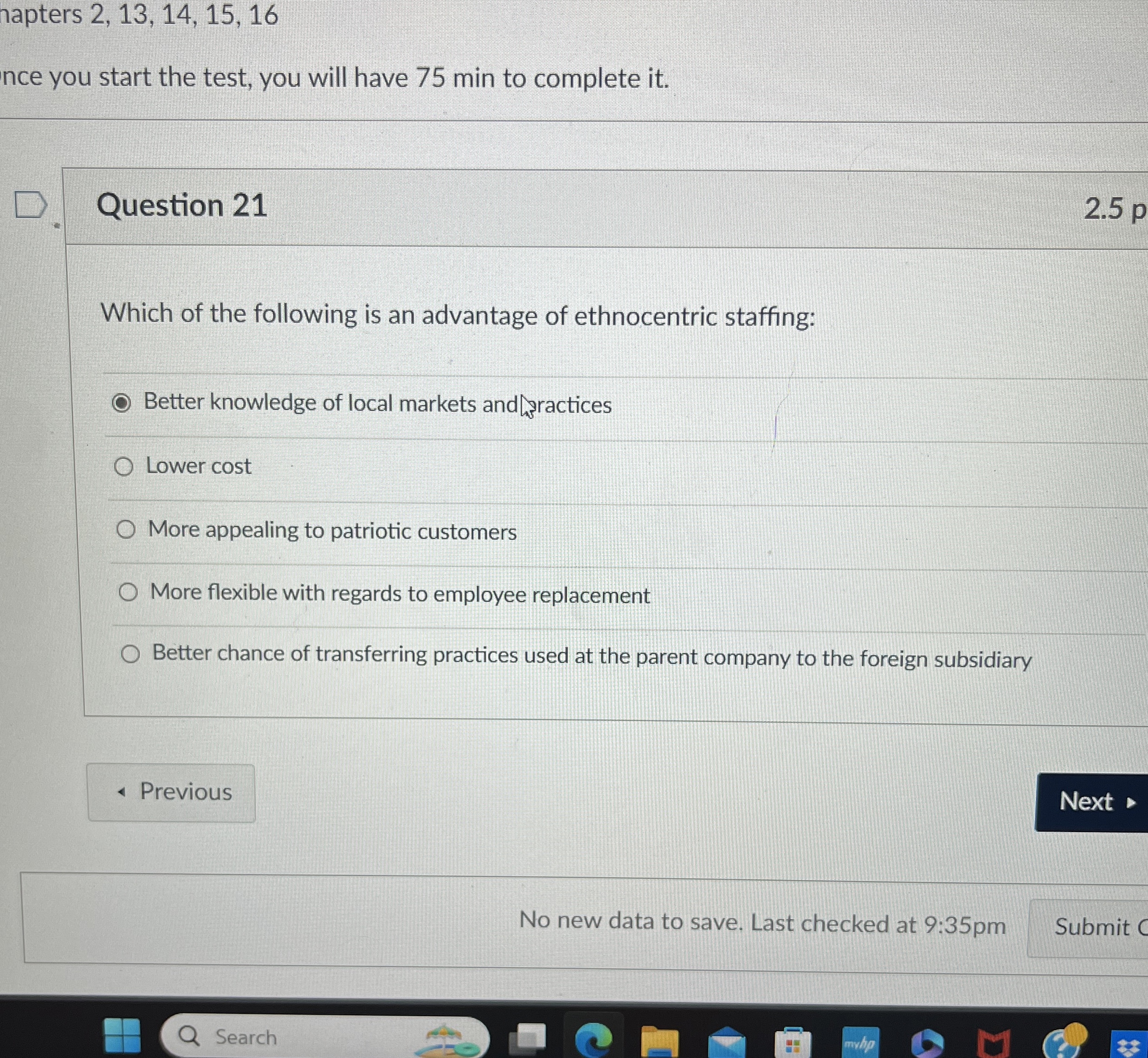  apters 2,13,14,15,16 nce you start the test, you will have 75