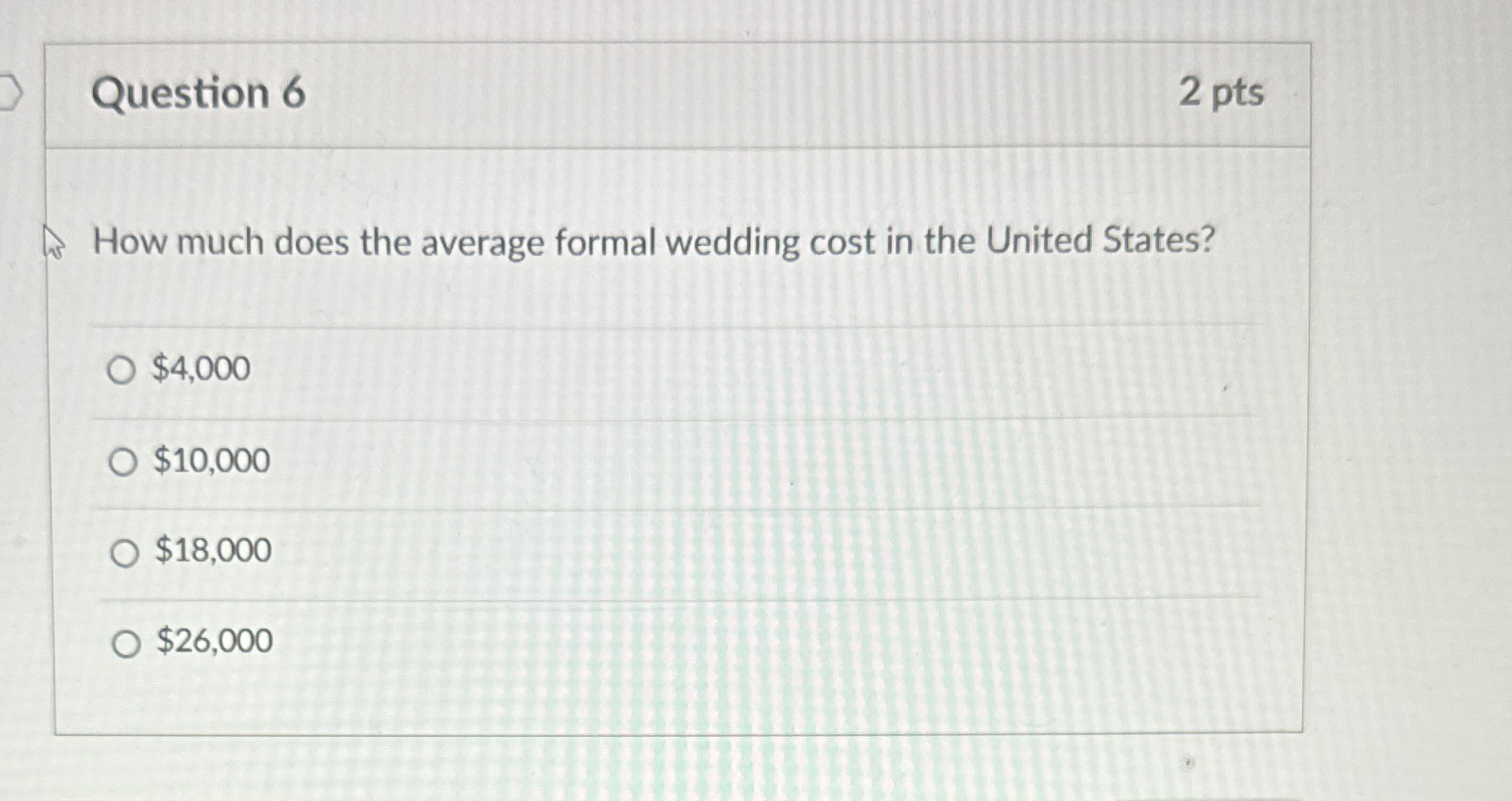  Question 6 2 pts How much does the average formal wedding