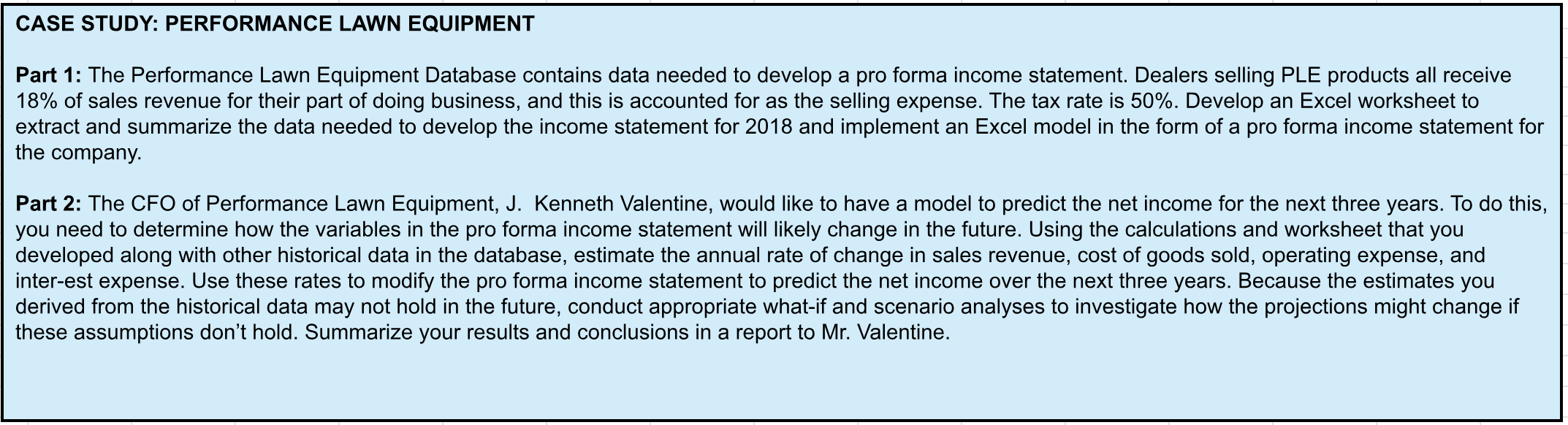  CASE STUDY: PERFORMANCE LAWN EQUIPMENT Pro Forma Income Statement Part 1: