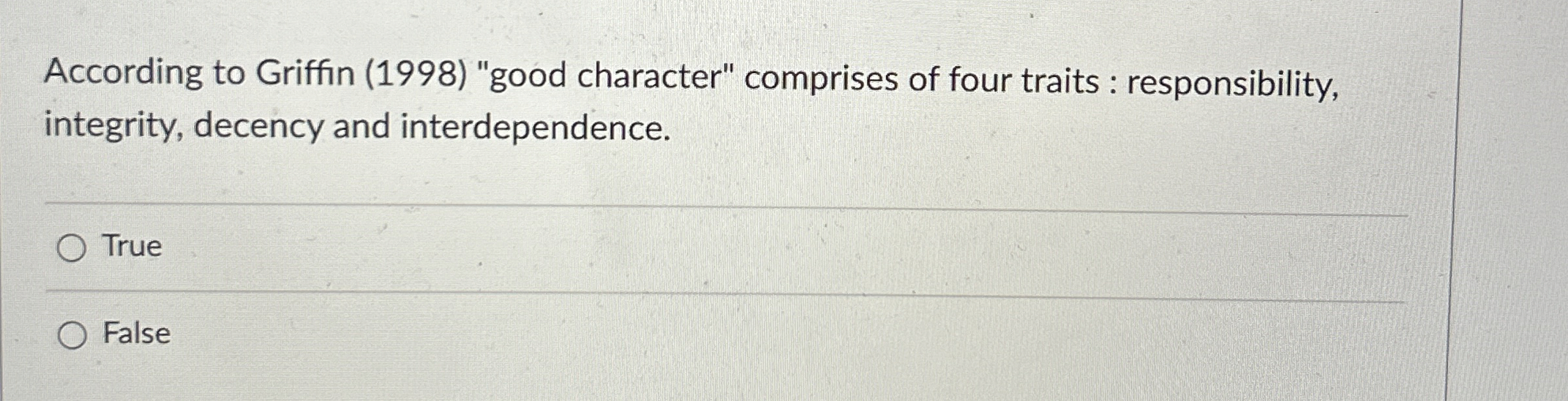  According to Griffin (1998) "good character" comprises of four traits :