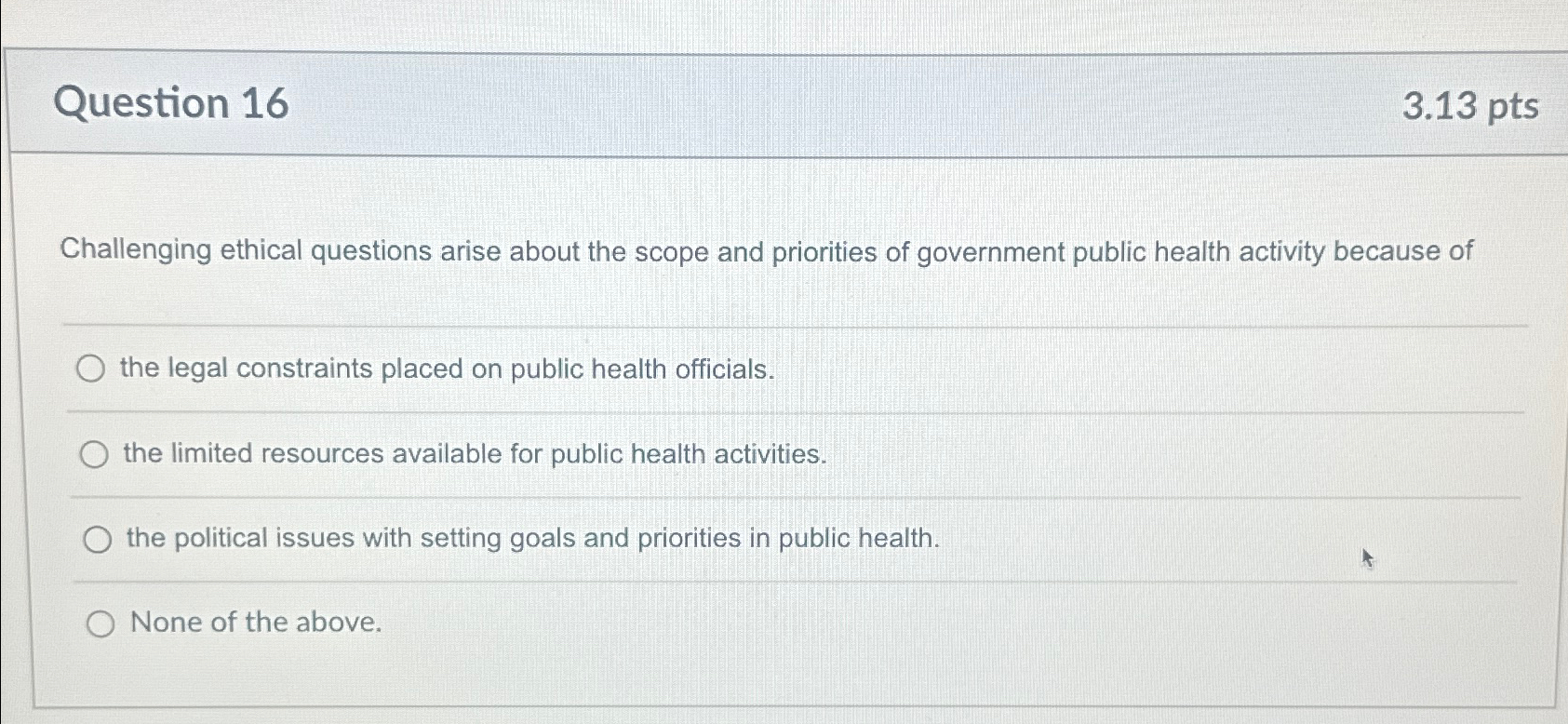  Question 16 3.13pts Challenging ethical questions arise about the scope and