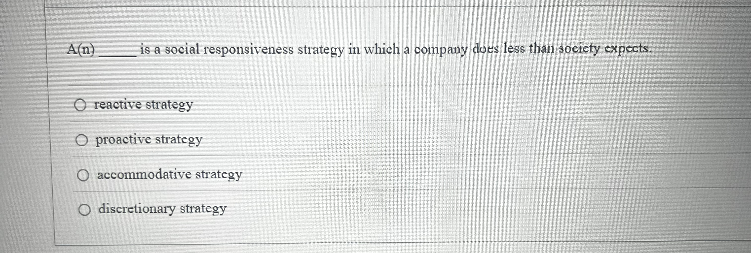  A(n) is a social responsiveness strategy in which a company does