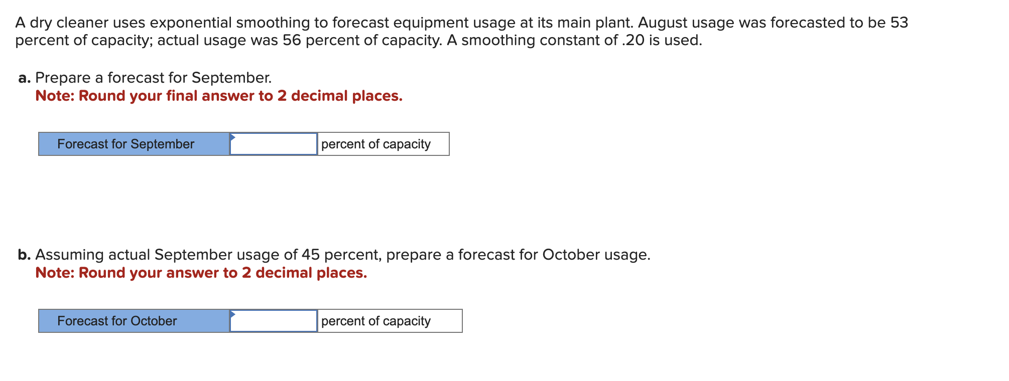  A dry cleaner uses exponential smoothing to forecast equipment usage at