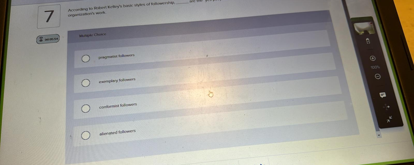  According to Robert Kelley's basic styles of followership. q,7 According to