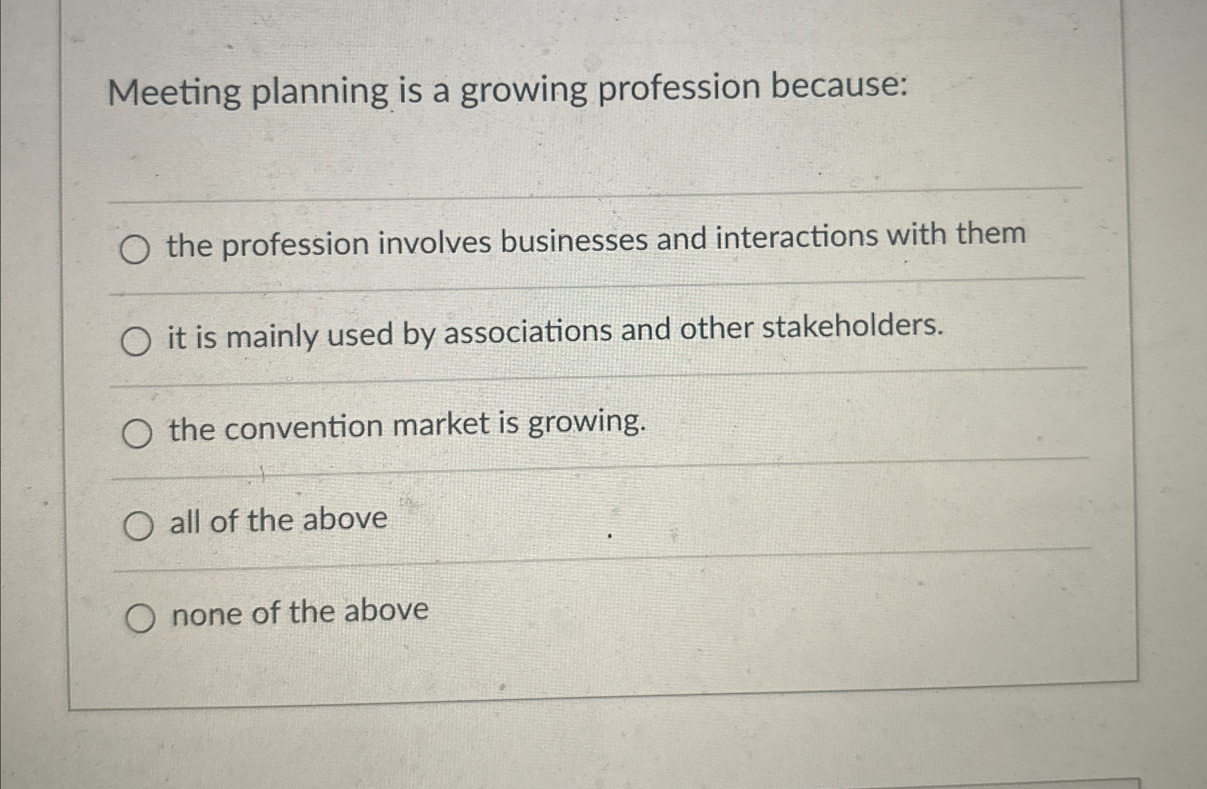  Meeting planning is a growing profession because: the profession involves businesses