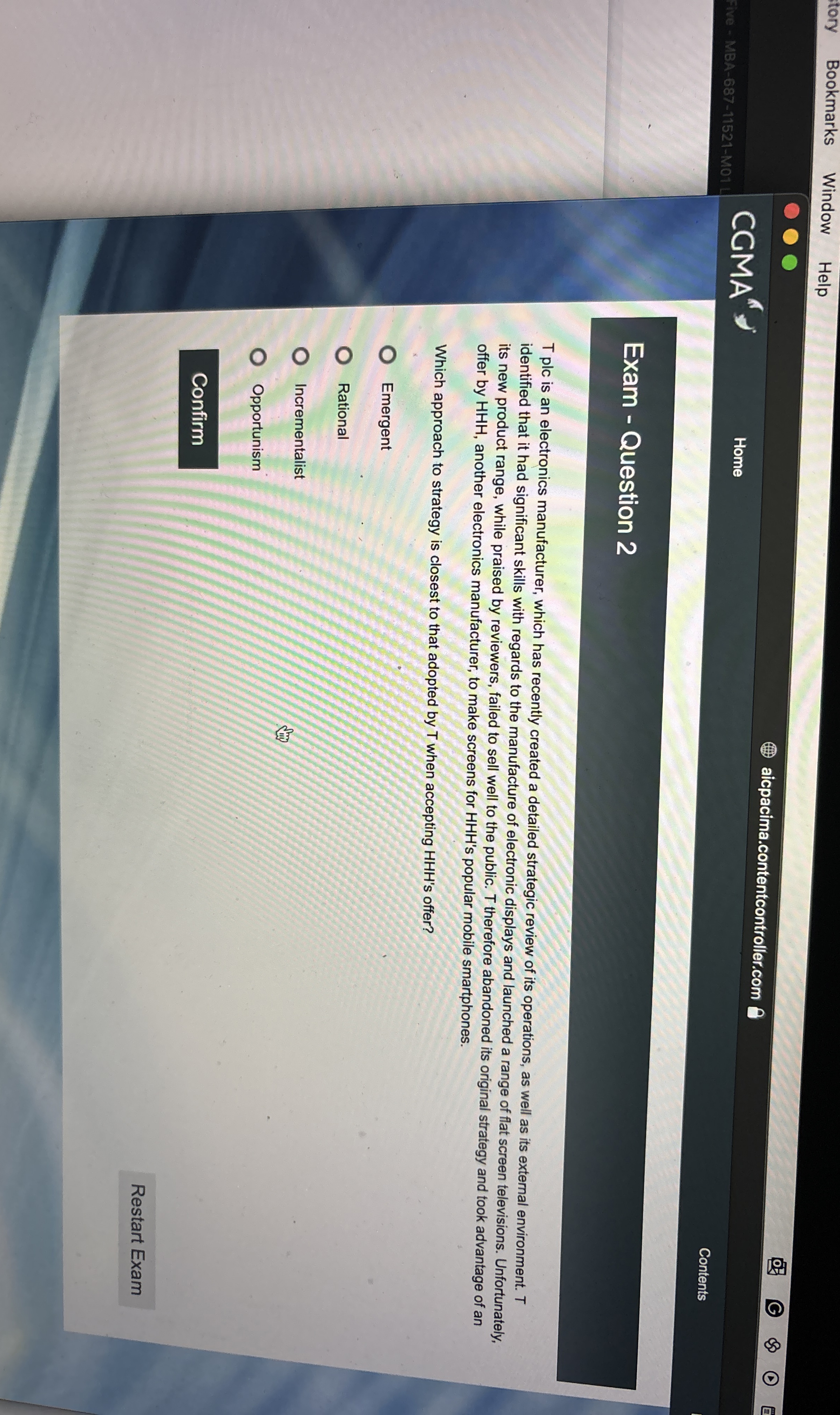  tory Bookmarks Window Help aicpacima.contentcontroller.com Five - MBA-687-11521-M01 Home Contents Exam
