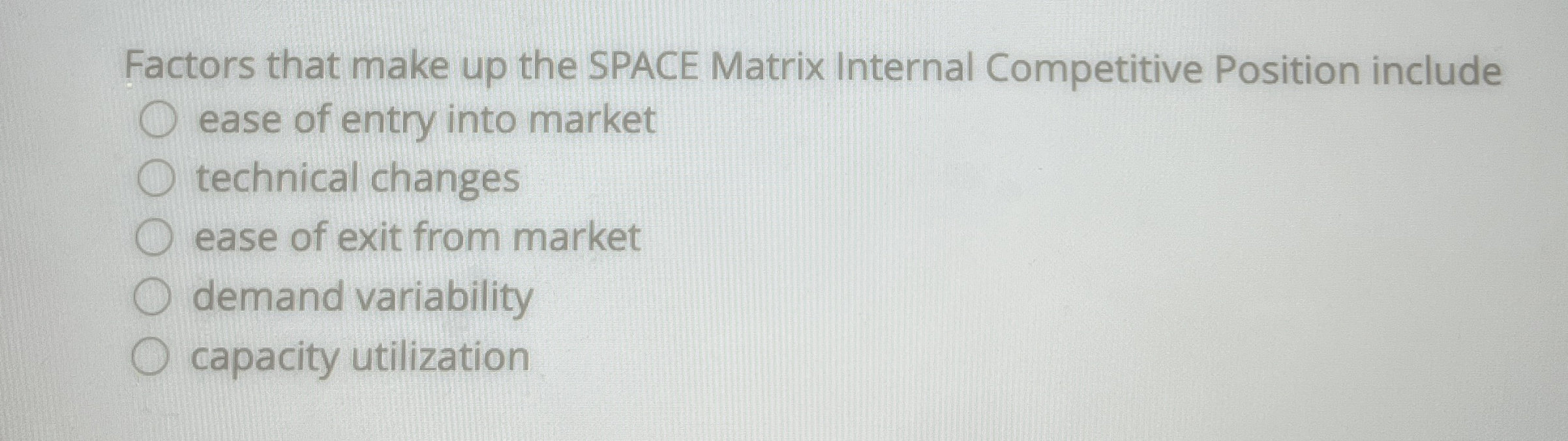  Factors that make up the SPACE Matrix Internal Competitive Position include