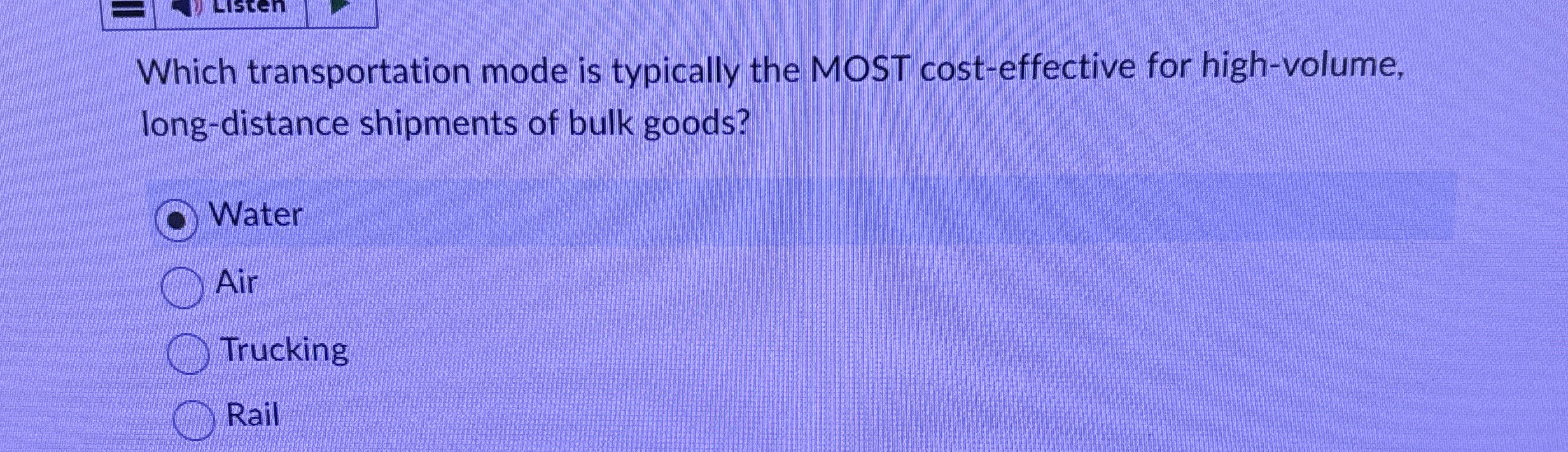  Which transportation mode is typically the MOST cost-effective for high-volume, long-distance