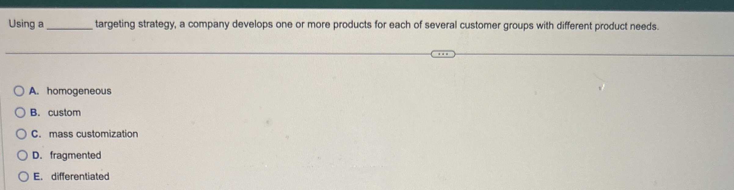  Using a targeting strategy, a company develops one or more products