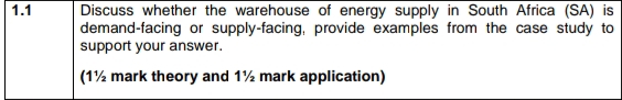  \table[[1.1,\table[[Discuss whether the warehouse of energy supply in South Africa (SA)