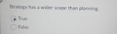  Strategy has a wider scope than planning. True False 