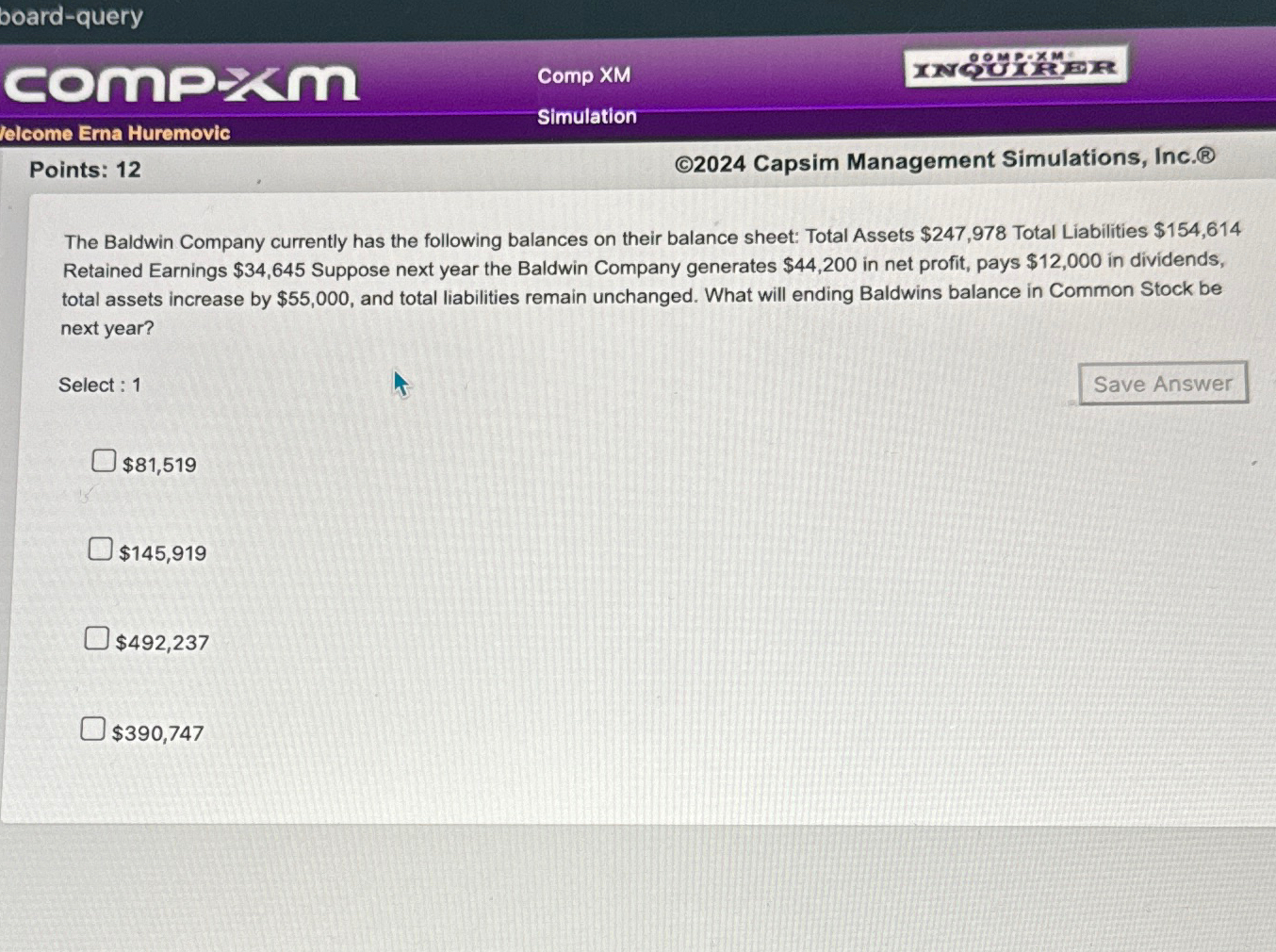  oard-query comp.sm Comp XM lelcome Ema Huremovic Simulation Points: 12 (C)2024