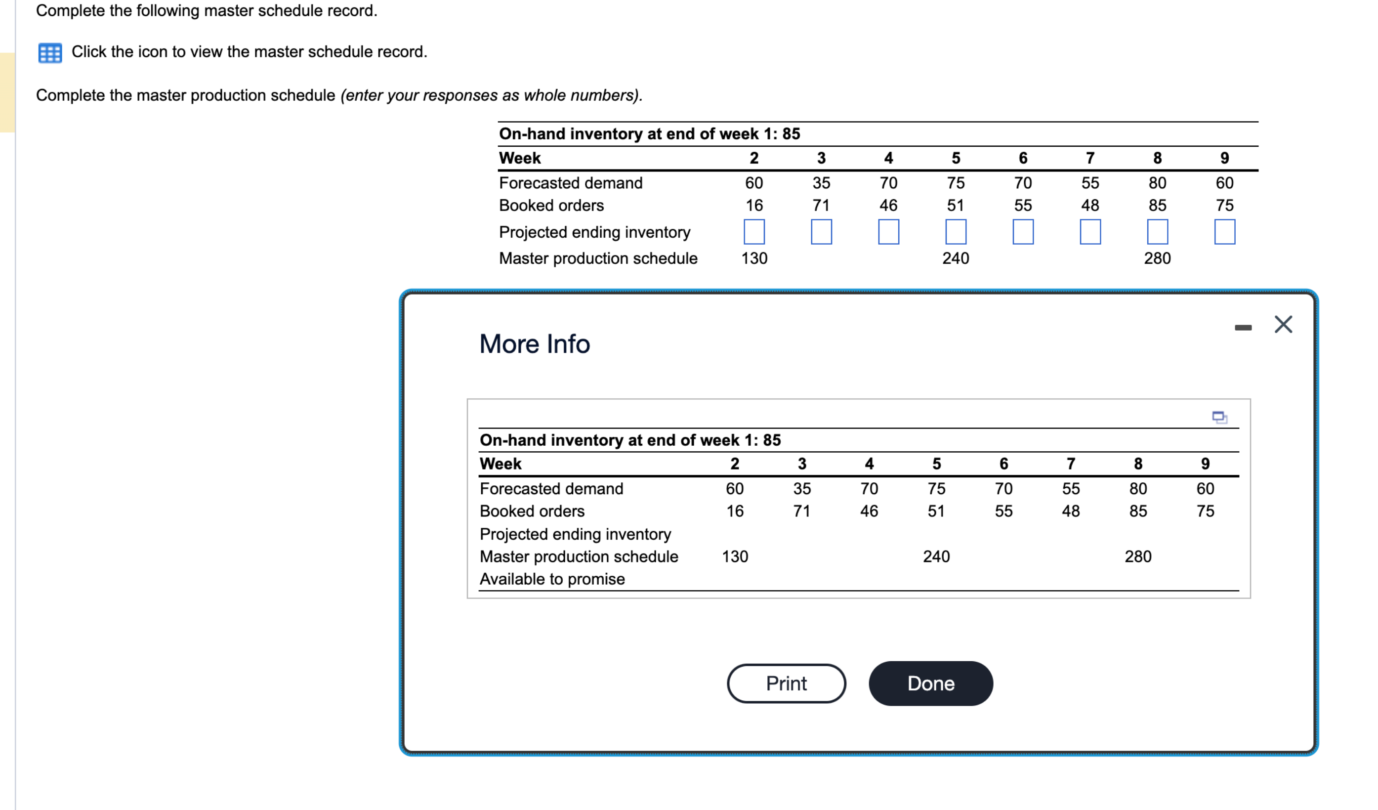  Complete the following master schedule record. Complete the master production schedule