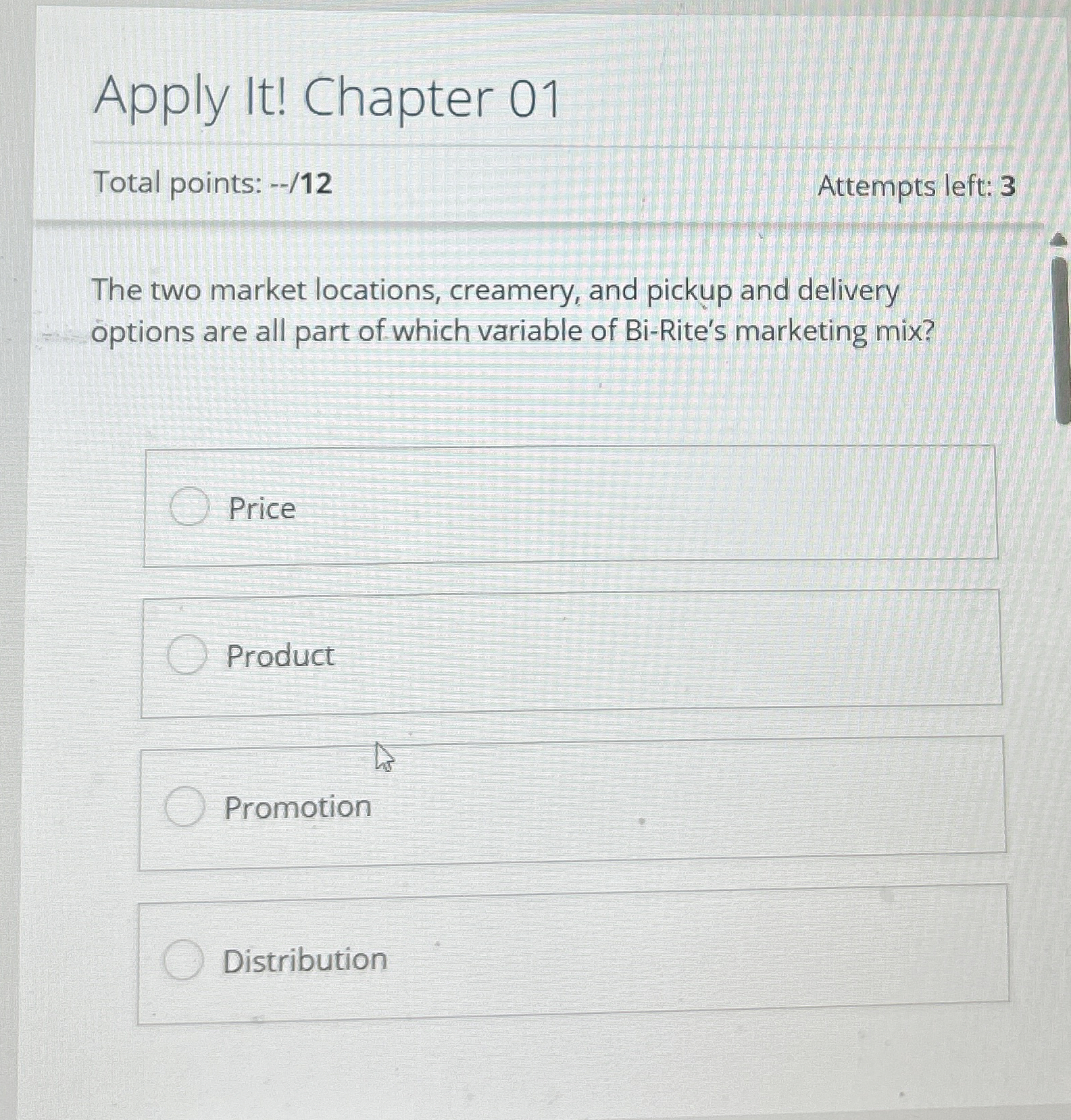  Apply It! Chapter 01 Total points: --/12 Attempts left: 3 The