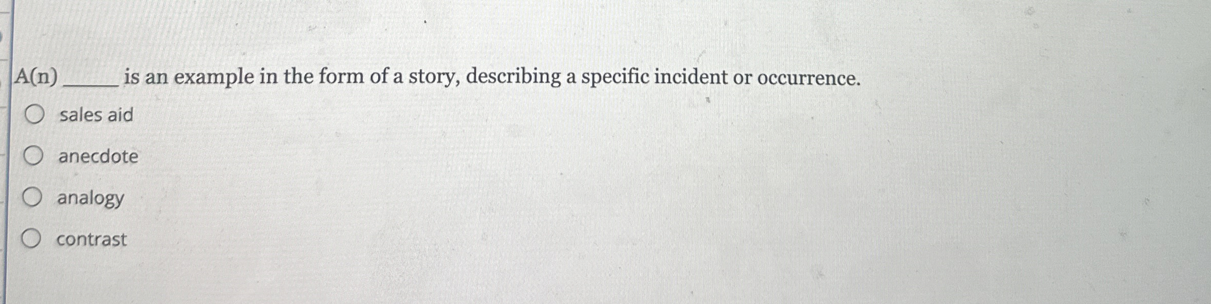  A(n)q, is an example in the form of a story, describing