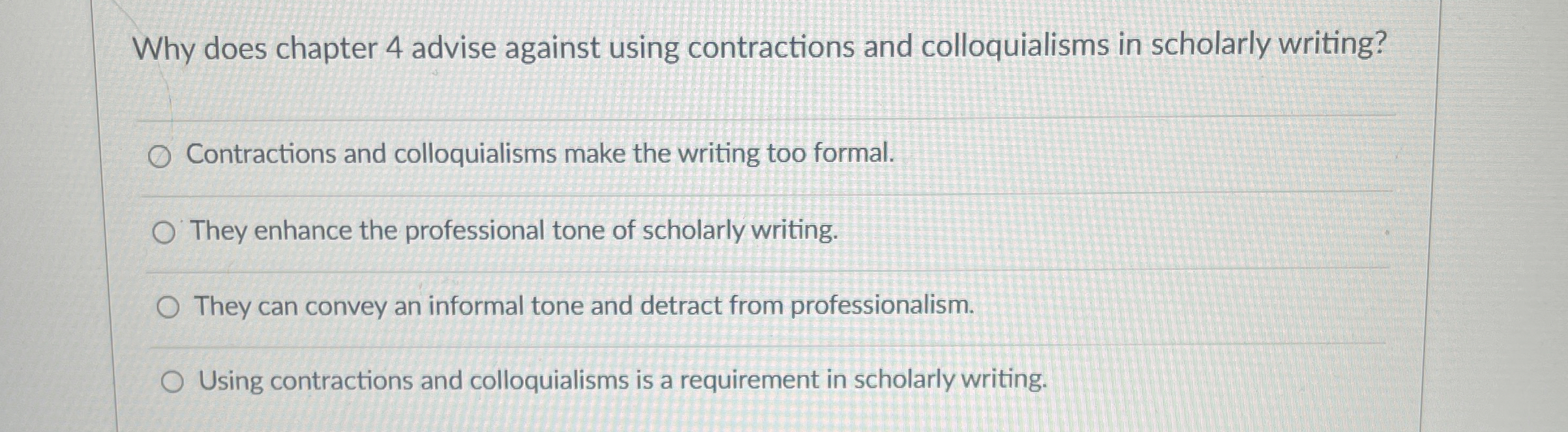  Why does chapter 4 advise against using contractions and colloquialisms in
