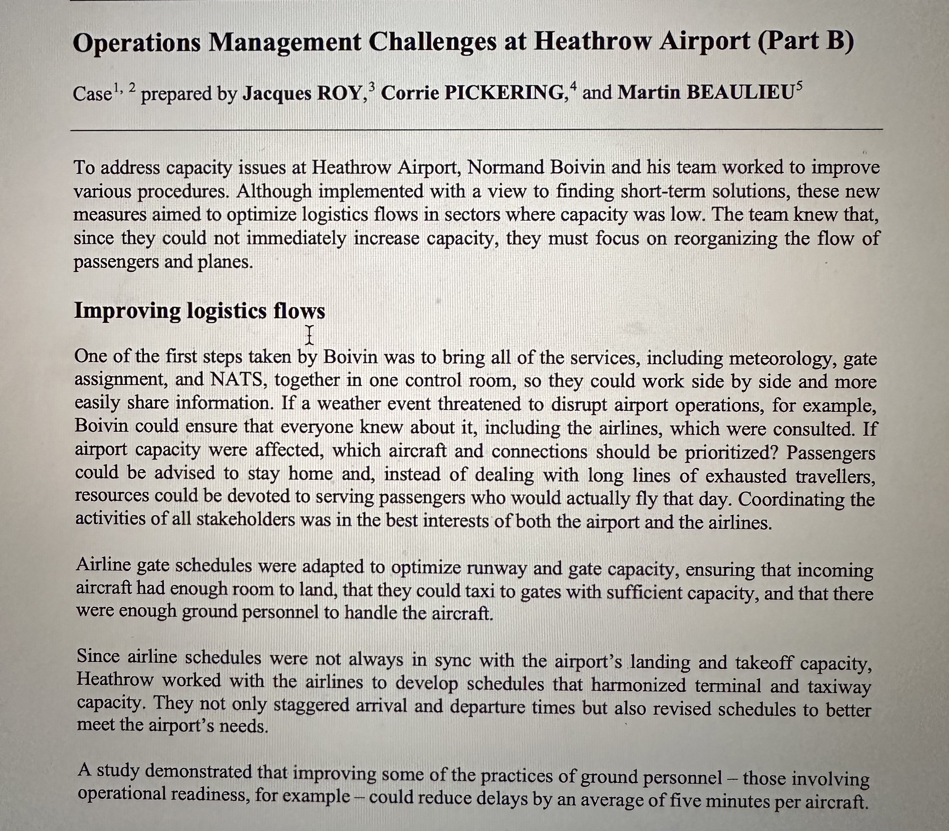  Operations Management Challenges at Heathrow Airport (Part B) Case ?1,2 prepared