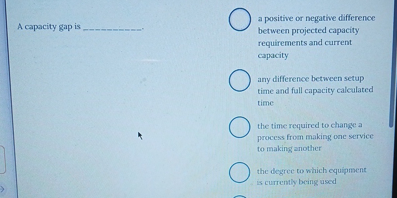  A capacity gap is a positive or negative difference between projected