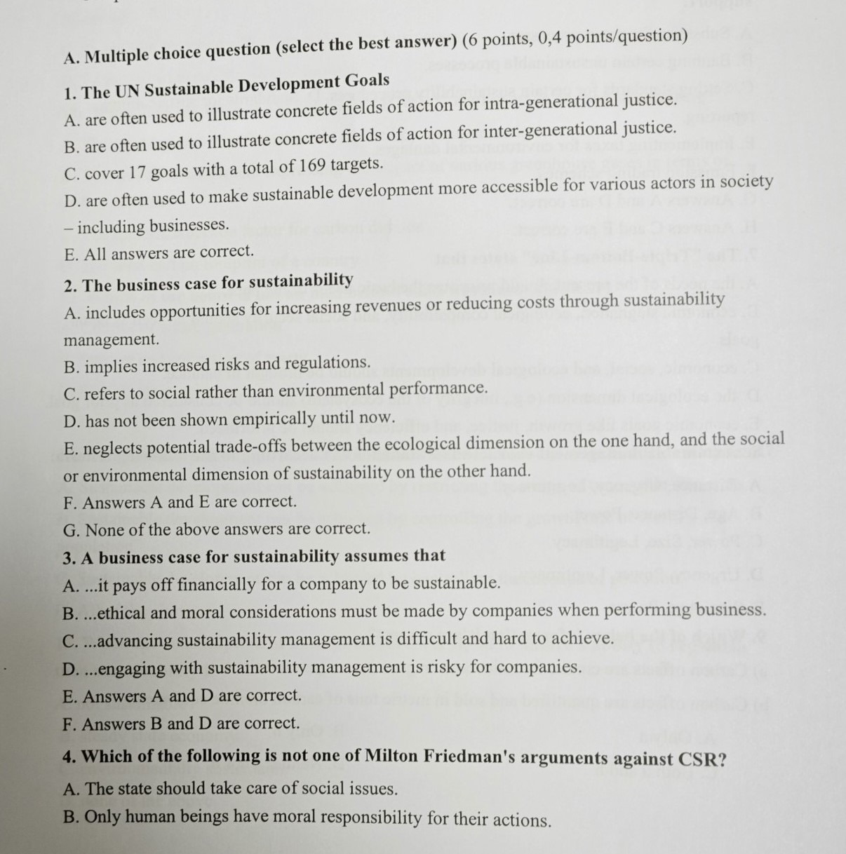  A. Multiple choice question (select the best answer)(6 points, 0,4 points/question)