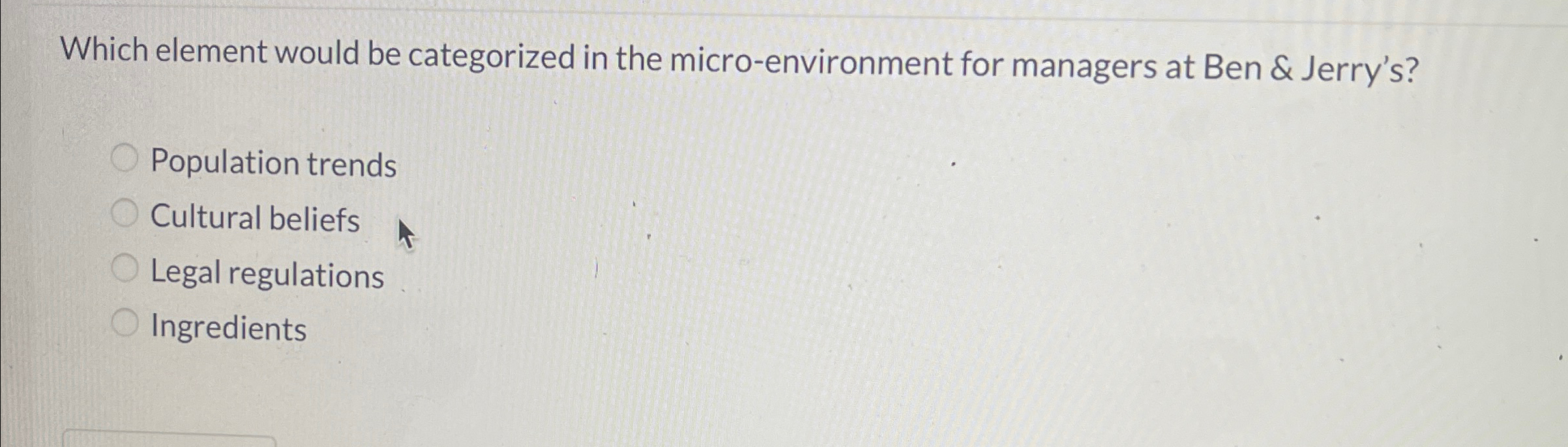  Which element would be categorized in the micro-environment for managers at