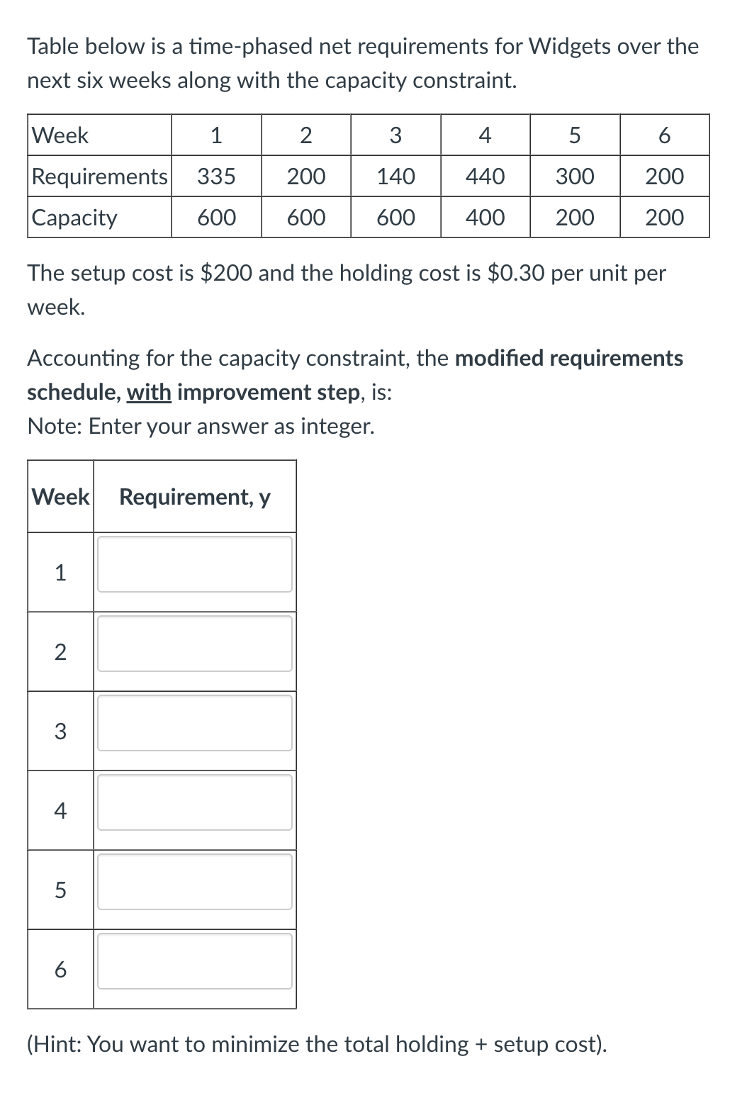 Table below is a time-phased net requirements for Widgets over the next