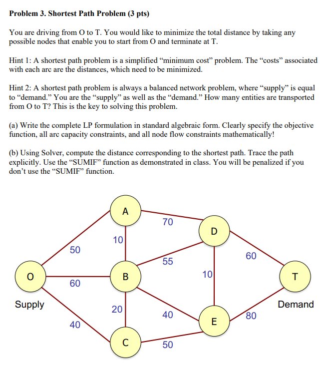  Problem 3. Shortest Path Problem (3 pts) USE EXCEL TO SOLVE