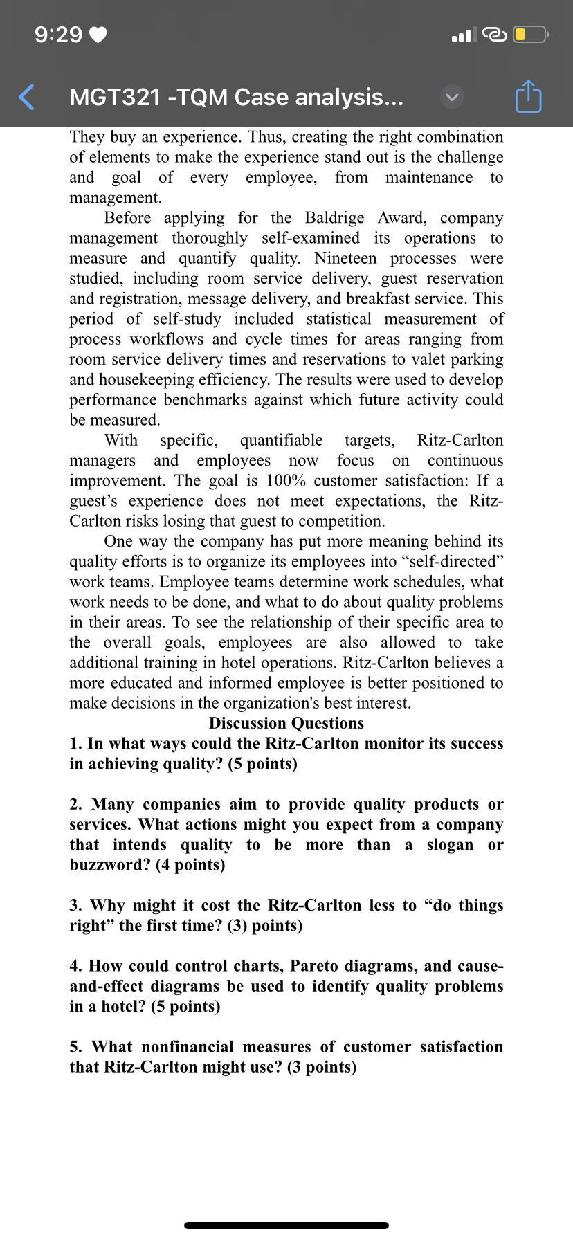  9:28 MGT321-TQM Case analysis... Case Study: Quality at the Ritz-Carlton Hotel