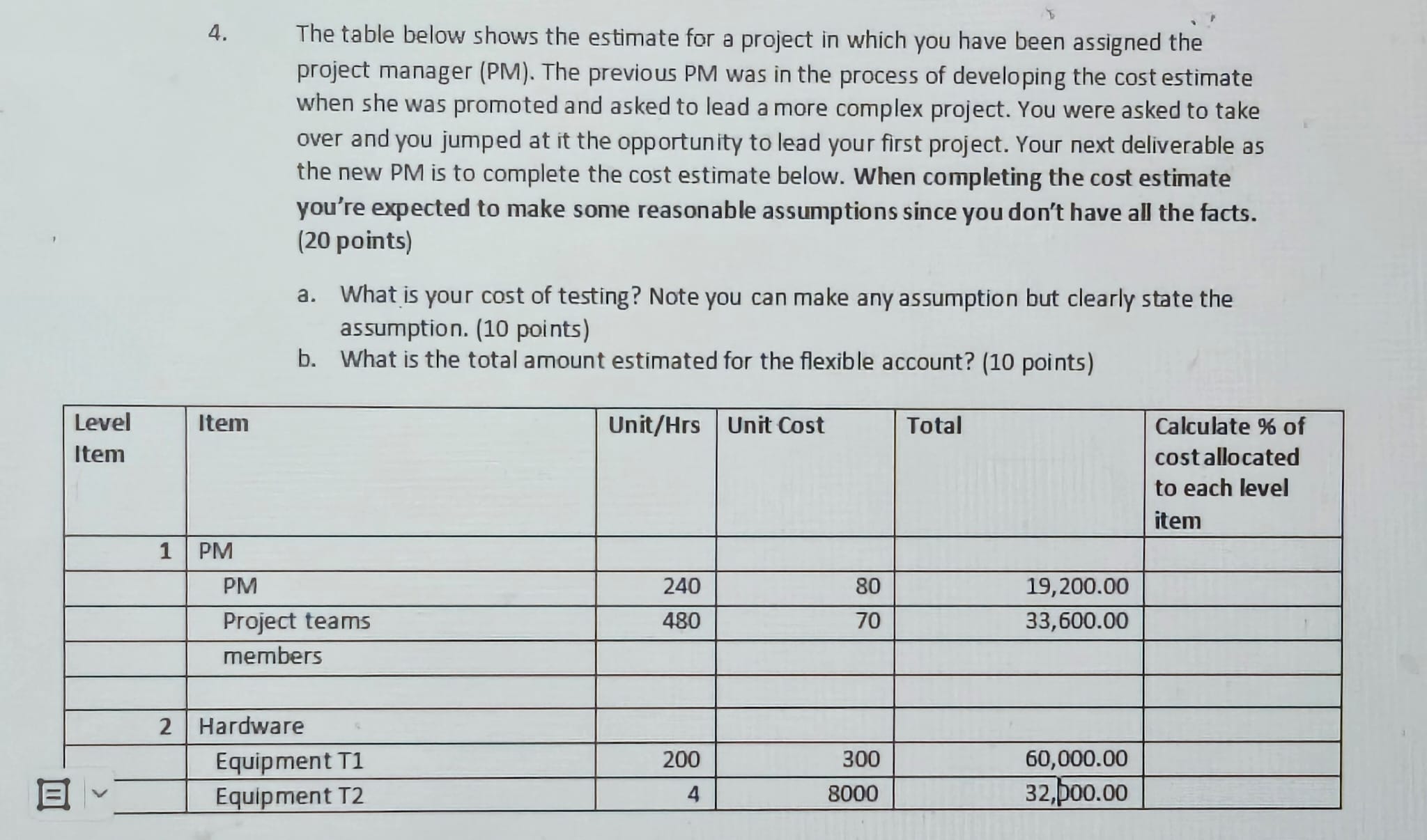  4.The table below shows the estimate for a project in which
