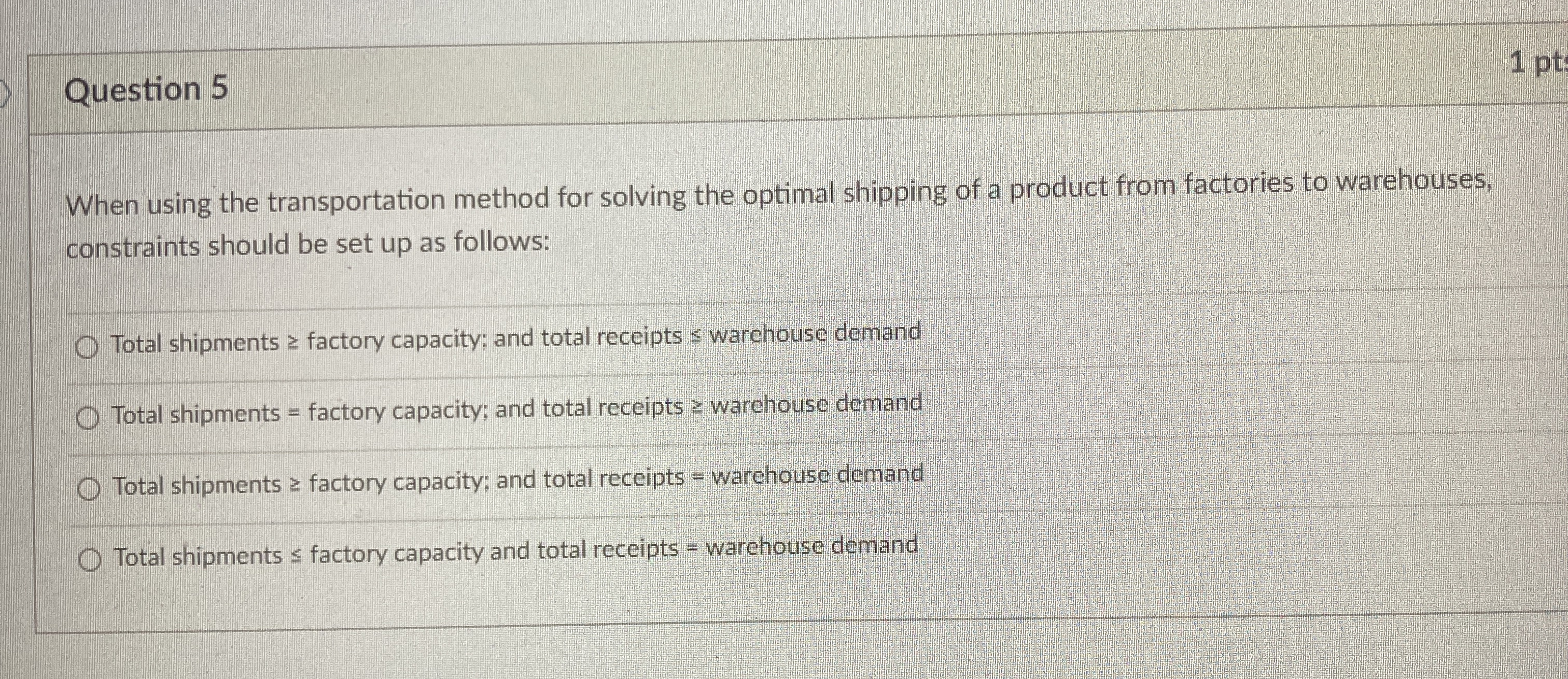  Question 5 1 pt When using the transportation method for solving