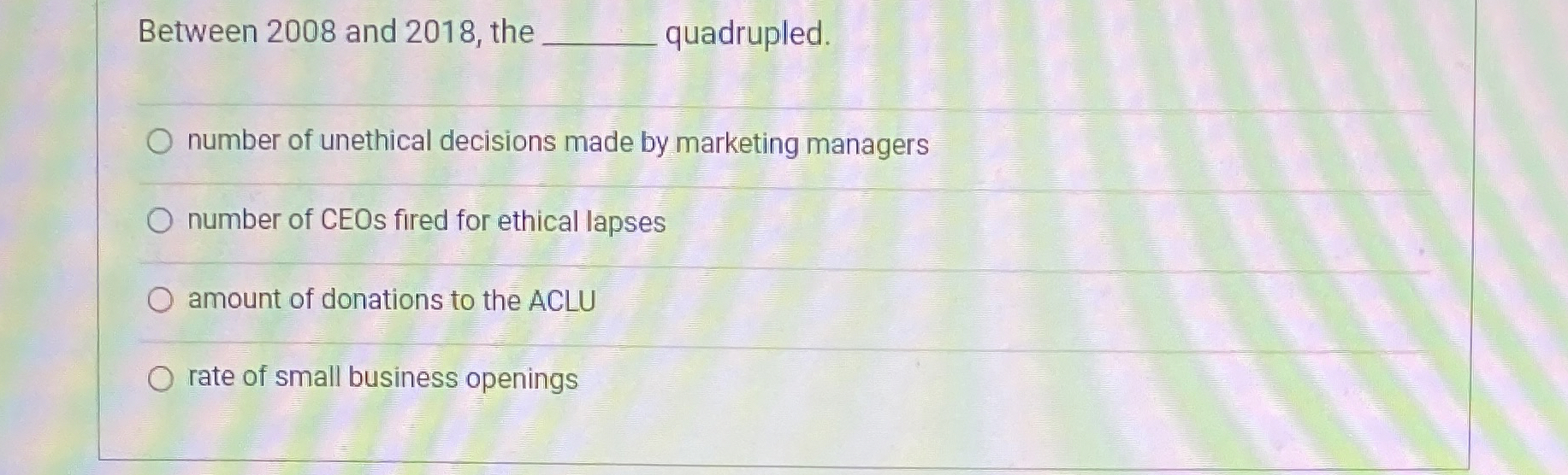  Between 2008 and 2018, the q, quadrupled. number of unethical decisions