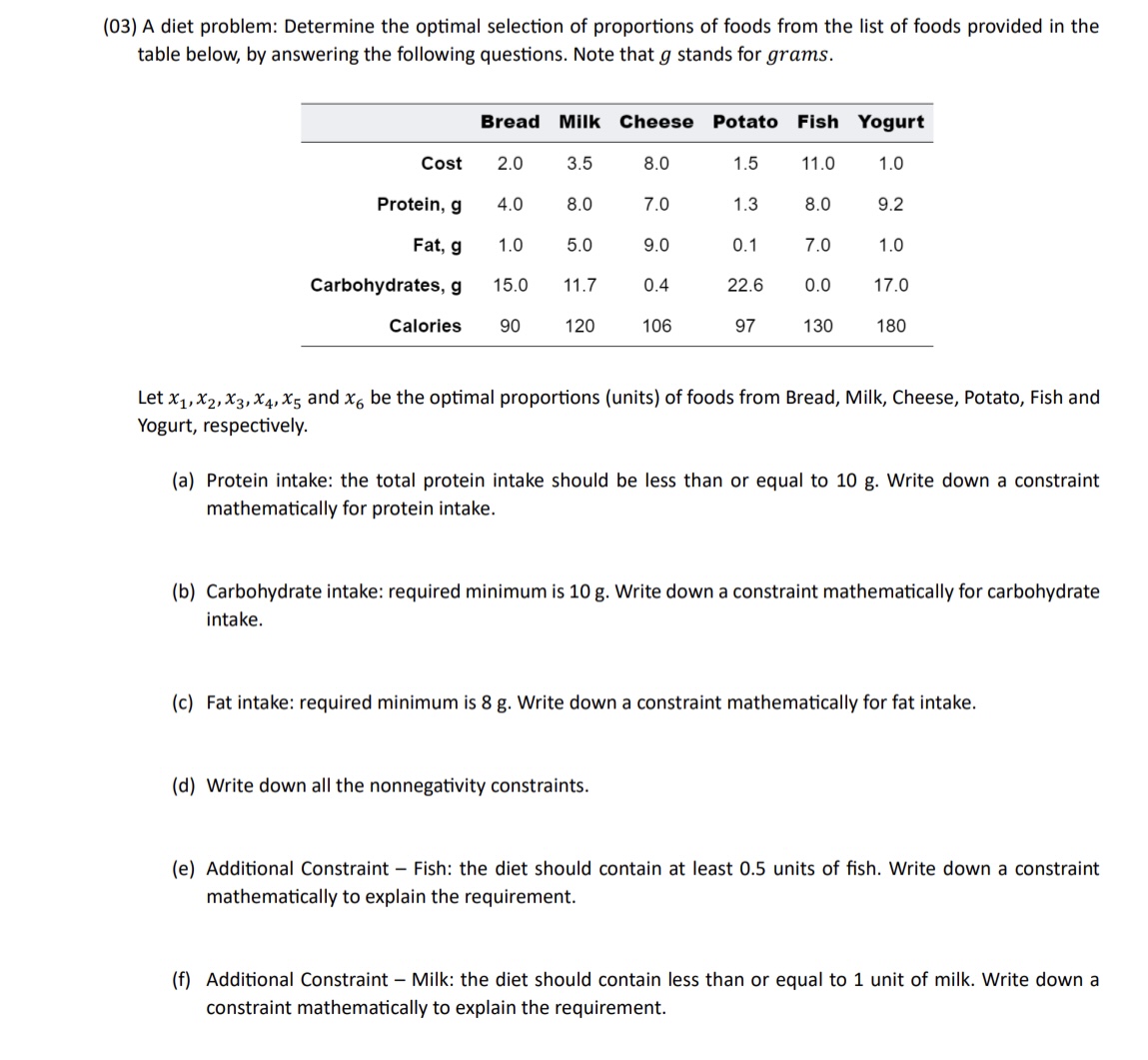  (03) A diet problem: Determine the optimal selection of proportions of