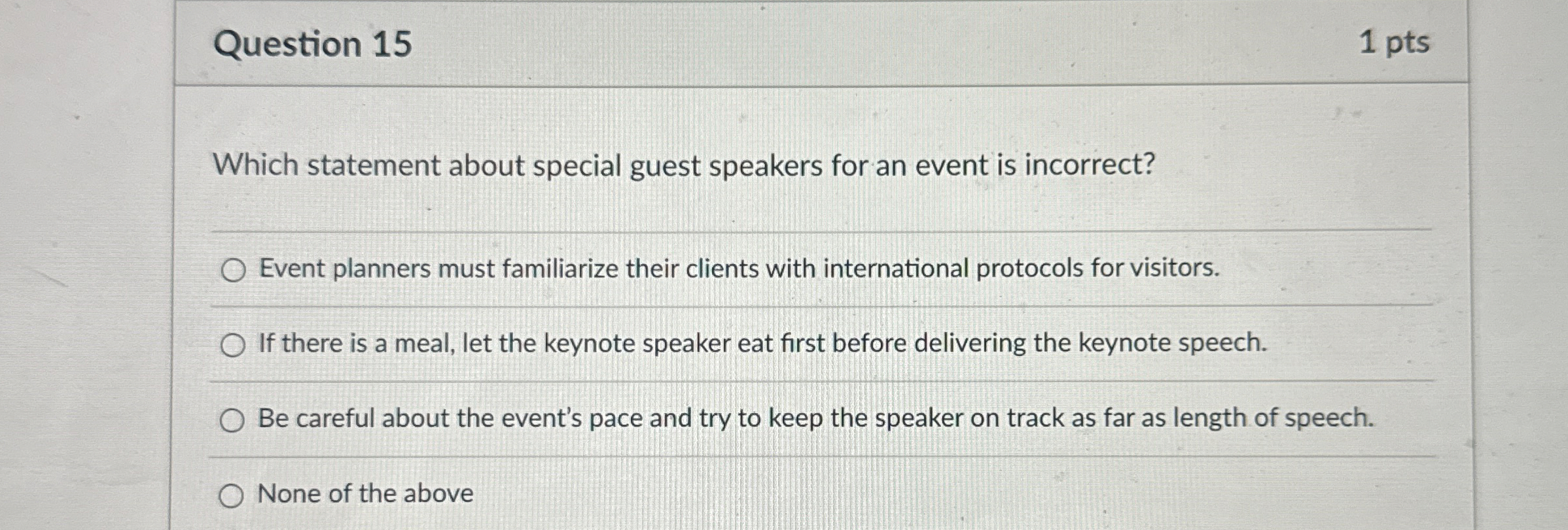 Question 15 1 pts Which statement about special guest speakers for