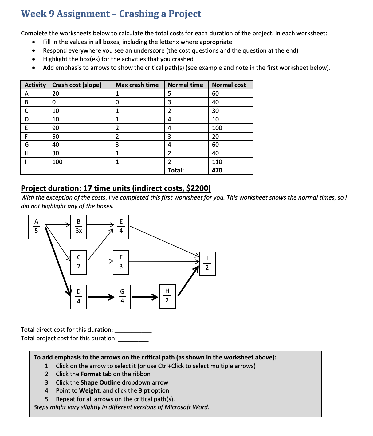  Week 9 Assignment - Crashing a Project Complete the worksheets below