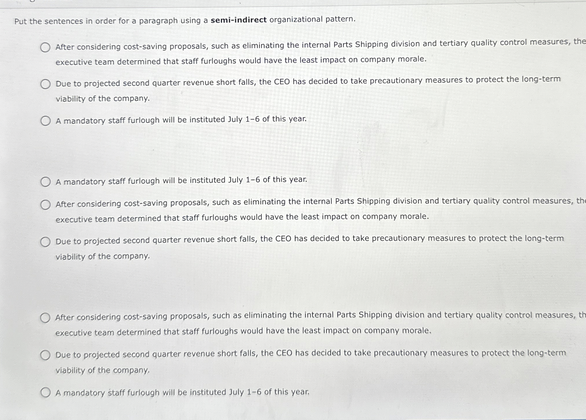  Put the sentences in order for a paragraph using a semi-indirect