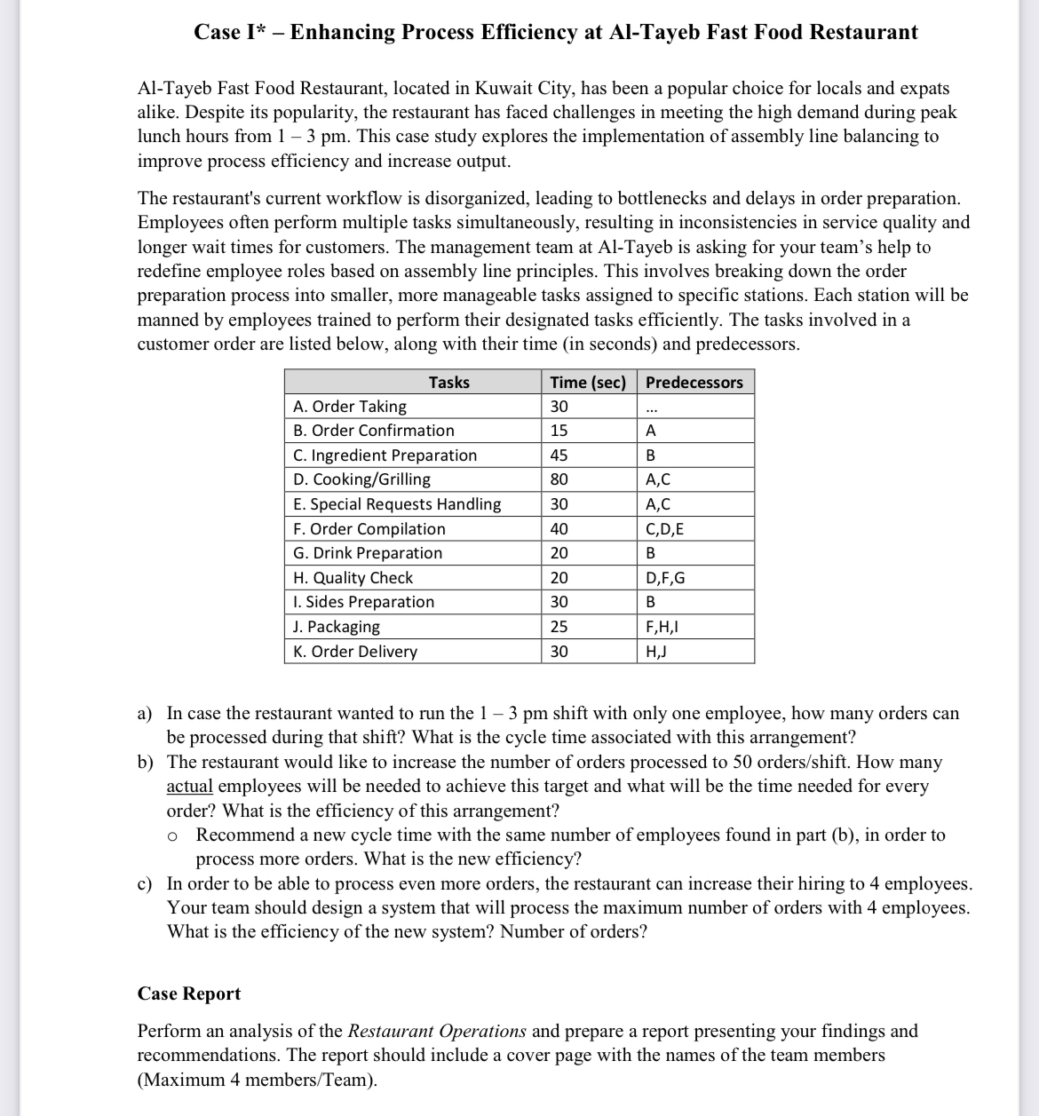  Case I*- Enhancing Process Efficiency at Al-Tayeb Fast Food Restaurant Al-Tayeb