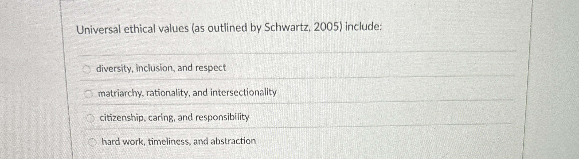  Universal ethical values (as outlined by Schwartz, 2005) include: diversity, inclusion,