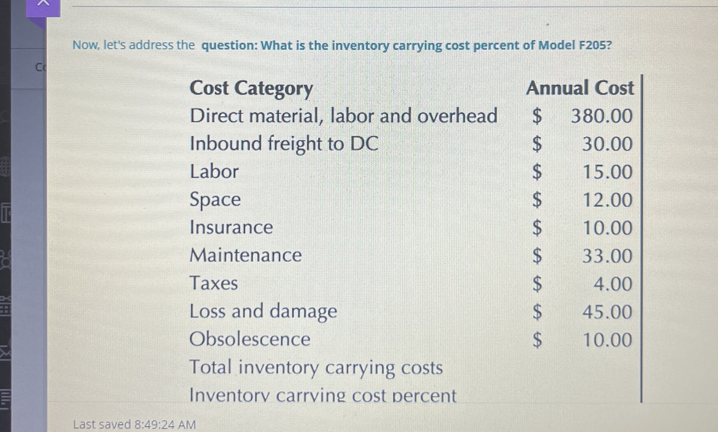  Now, let's address the question: What is the inventory carrying cost