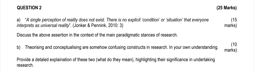  QUESTION 2 (25 Marks) a) "A single perception of reality does
