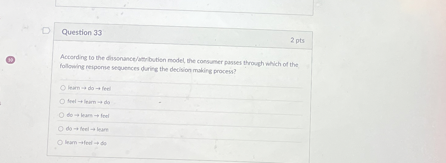  Question 33 According to the dissonance/attribution model, the consumer passes through