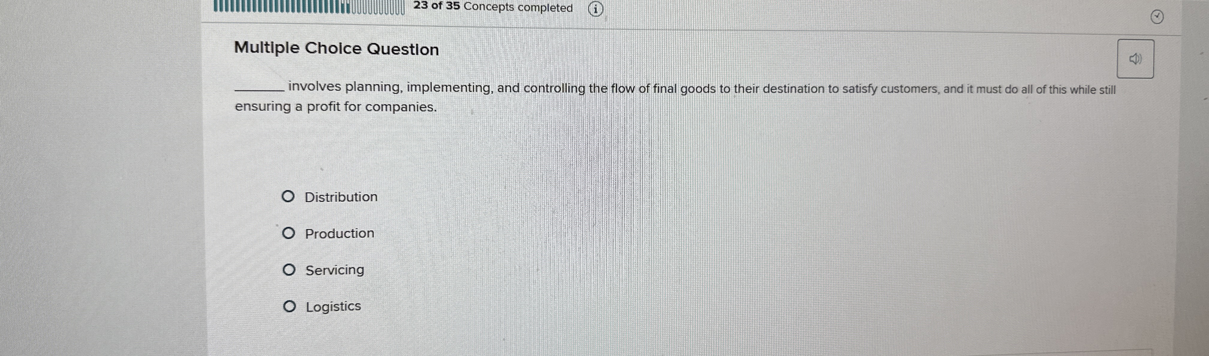  23 of 35 Concepts completed Multiple Choice Question q, involves planning,