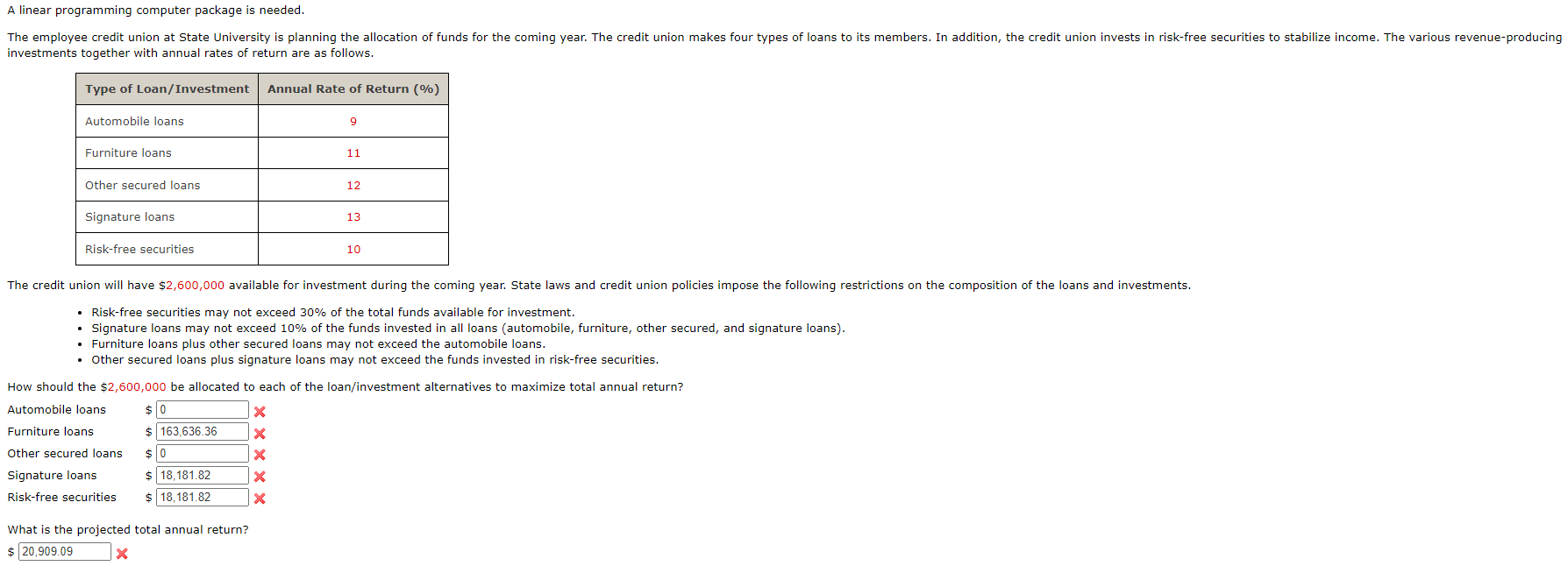  A linear programming computer package is needed. investments together with annual