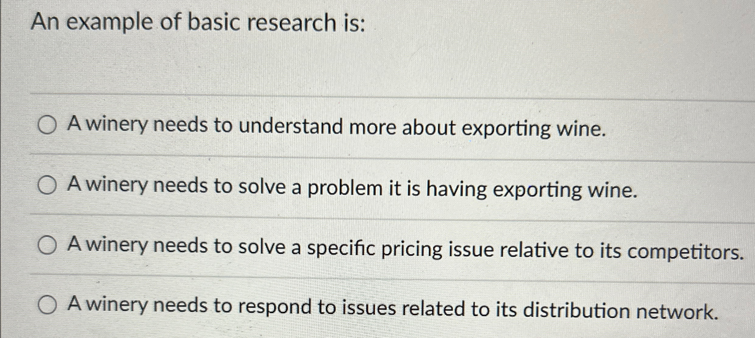  An example of basic research is: A winery needs to understand