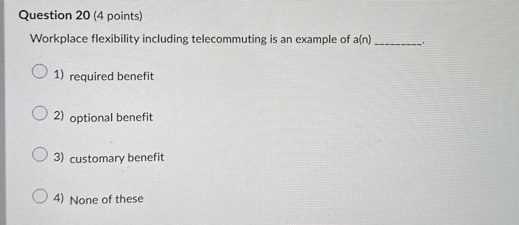  Question 20(4 points) Workplace flexibility including telecommuting is an example of