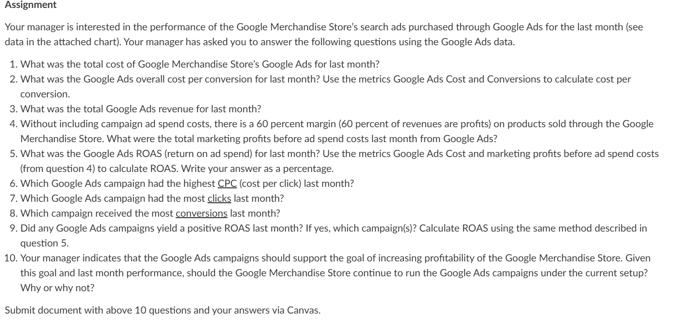  Assignment Your manager is interested in the performance of the Google