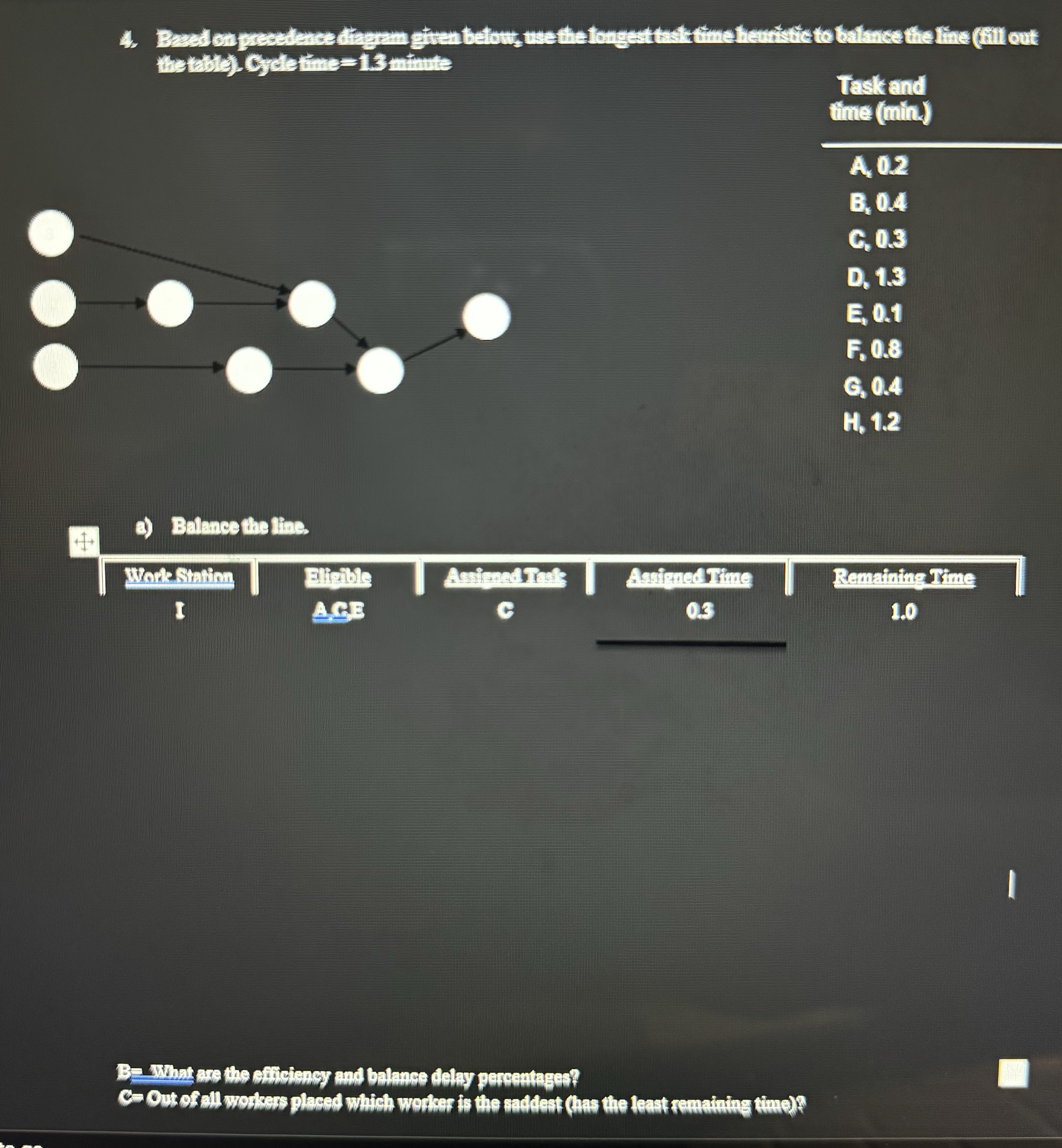  Based on precedence diagram given below, use the longest task time