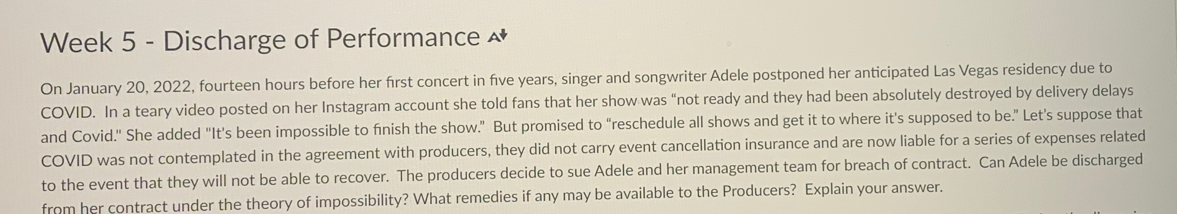  Week 5- Discharge of Performance ?*** On January 20,2022, fourteen hours