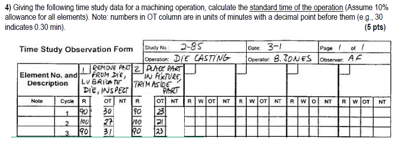  4) Giving the following time study data for a machining operation,