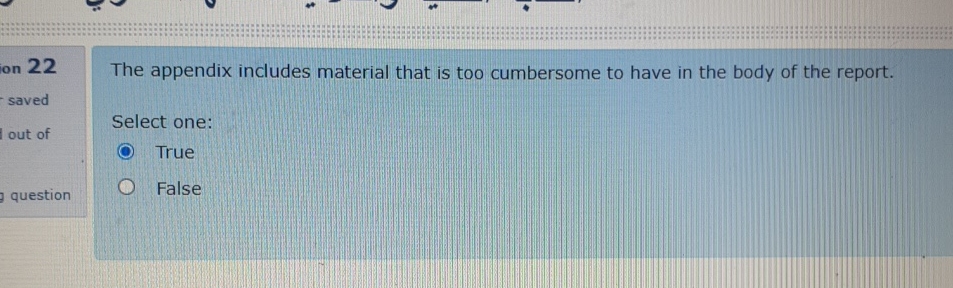  on 22 saved lout of question The appendix includes material that